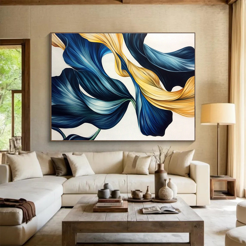 An abstract drawing of blue and gold tulip leaves with flowing lines in dark green and light gray on a white background.SC583