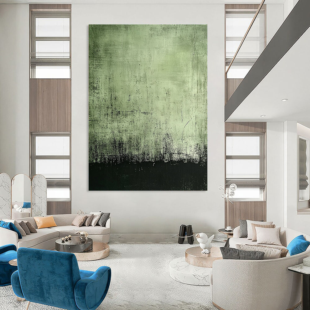 Large abstract painting featuring a dark green background with black edges and subtle gray textures for a mysterious aged effect.STSC398