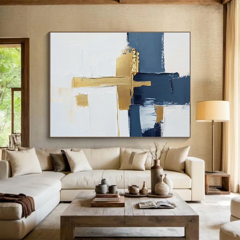 Navy Gold White Abstract Painting with Textured Cross Design DYP426