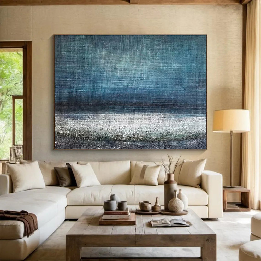 Textured Sea Abstract Painting with Deep Blue and White Tones THY154