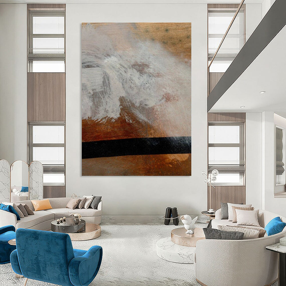Textured Abstract Painting on Wood with White and Brown Tones ADGE185