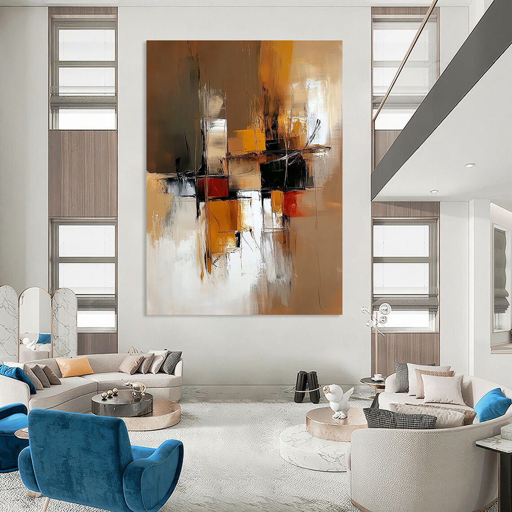Abstract painting of an industrial space featuring warm brown and yellow tones with low contrast and clean brush strokes for a modern aesthetic.STSC648