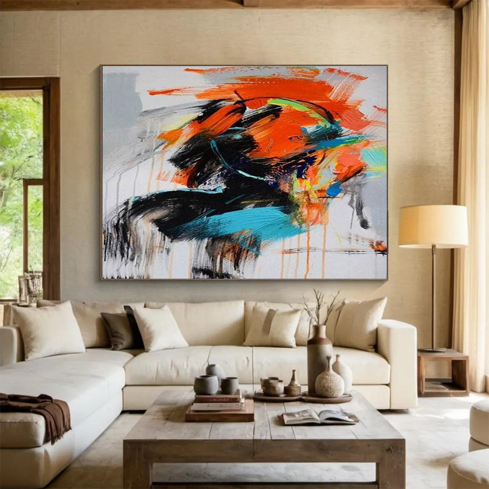 Energetic Color Splash Abstract Painting with Orange, Blue, and More THY287