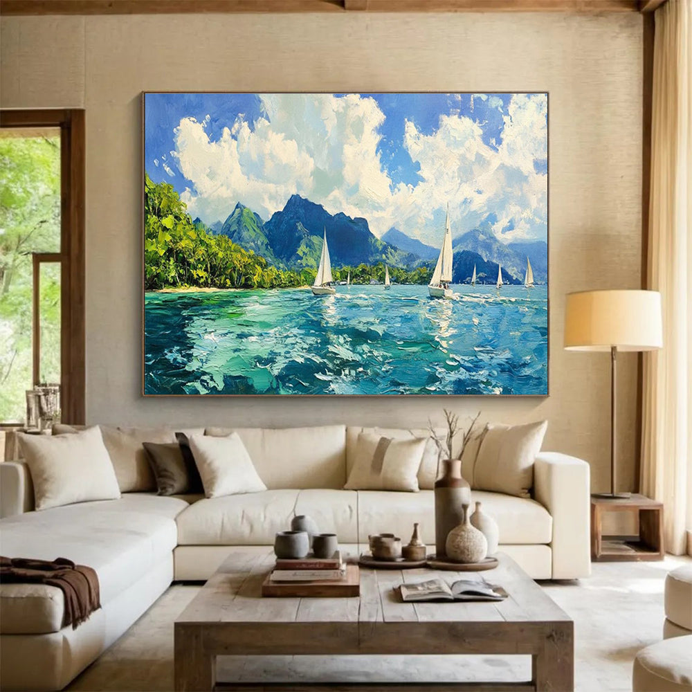Sailing Bay Abstract Painting with Bright, Coastal Energy THY413