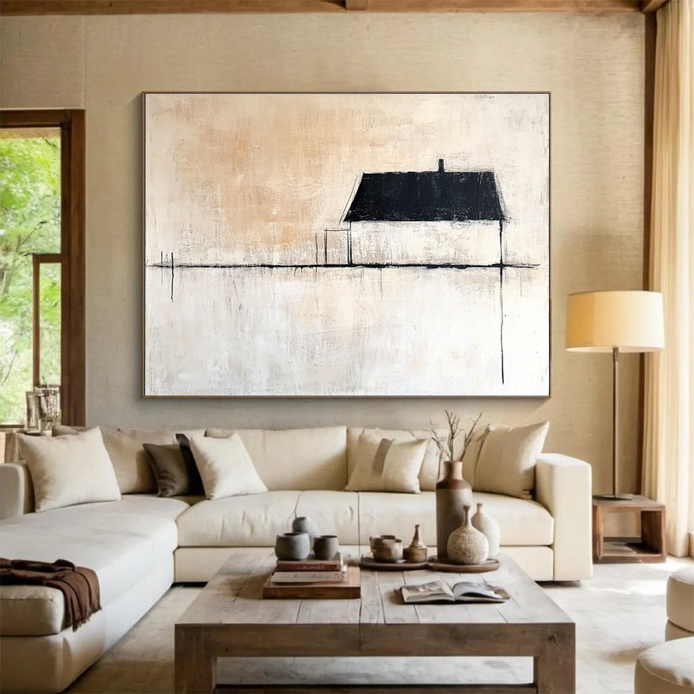 Large abstract painting featuring neutral tones with a single black line beside an old house and expansive white space. Minimalist style enhances tranquility.SC145