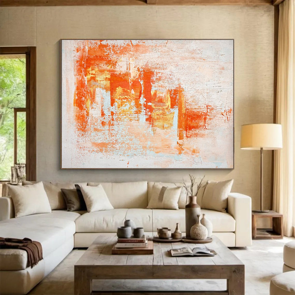 Orange White Abstract Painting with Warm, Energetic Brushstrokes THY377