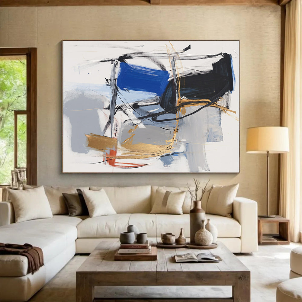 Blue Gray Gold Abstract Painting with Expressive Strokes GER804