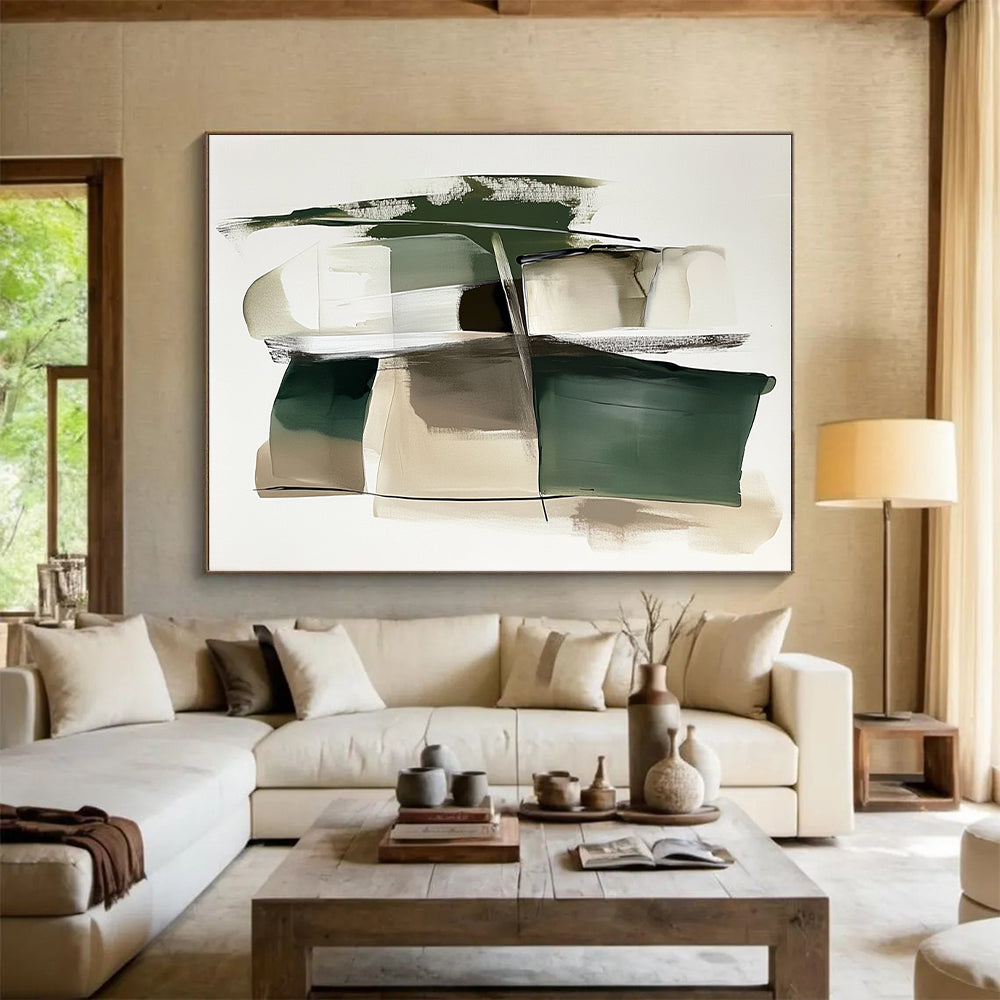 Green and Beige Abstract Painting with Geometric Shapes GER560