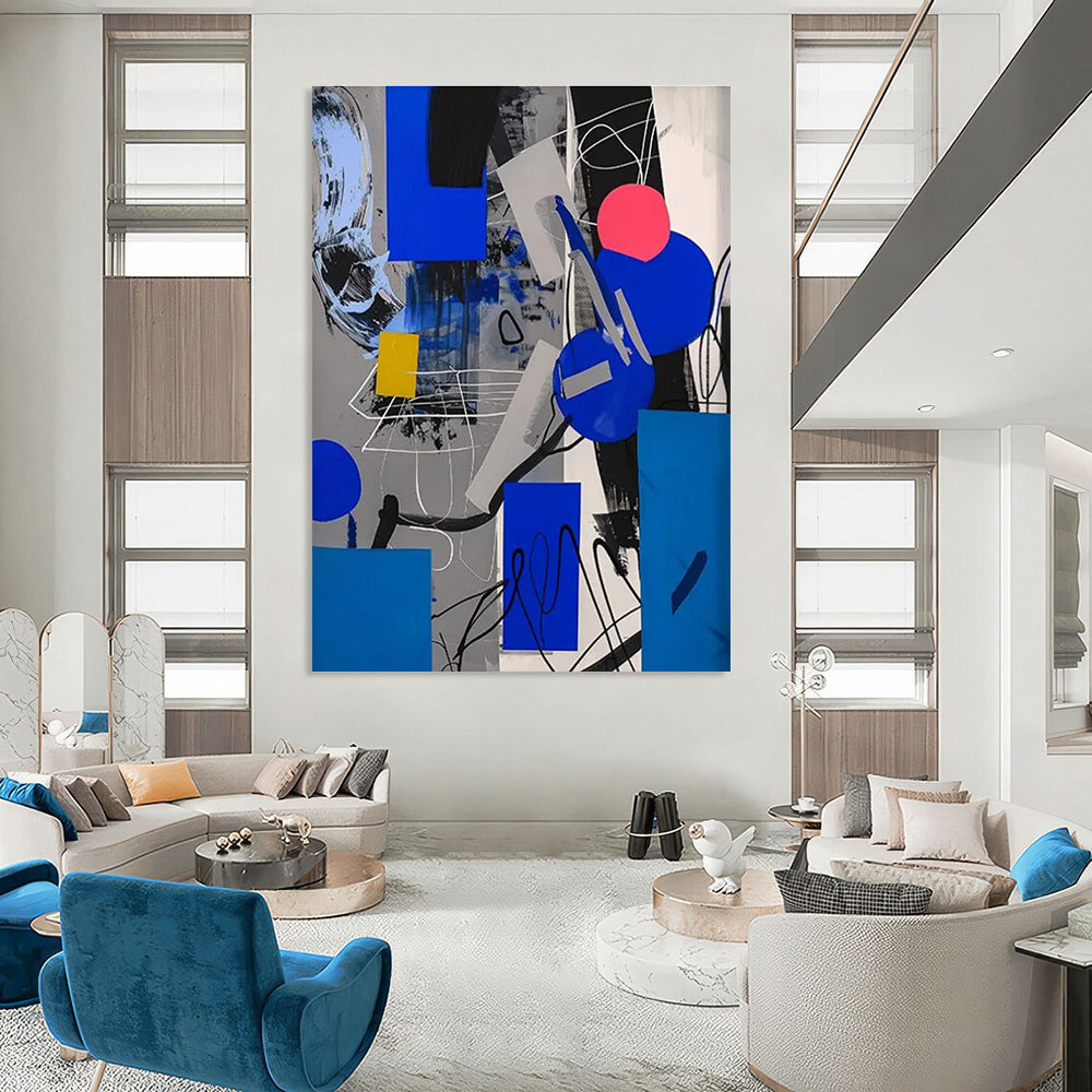 Geometric Color Fusion Abstract Painting with Blue, Gray, and Yellow ADGE110