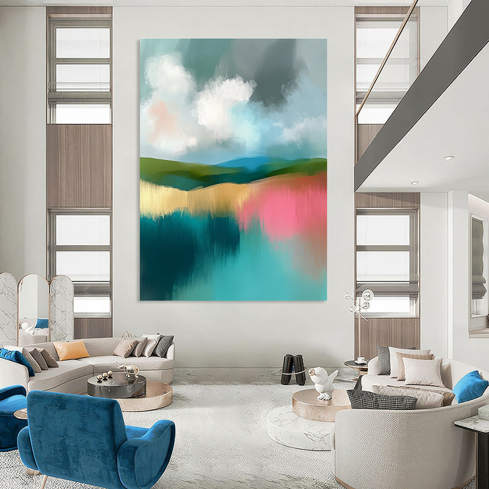 Large abstract painting featuring soft teal and pink hues with gentle clouds and muted greens in a serene landscape.STSC107