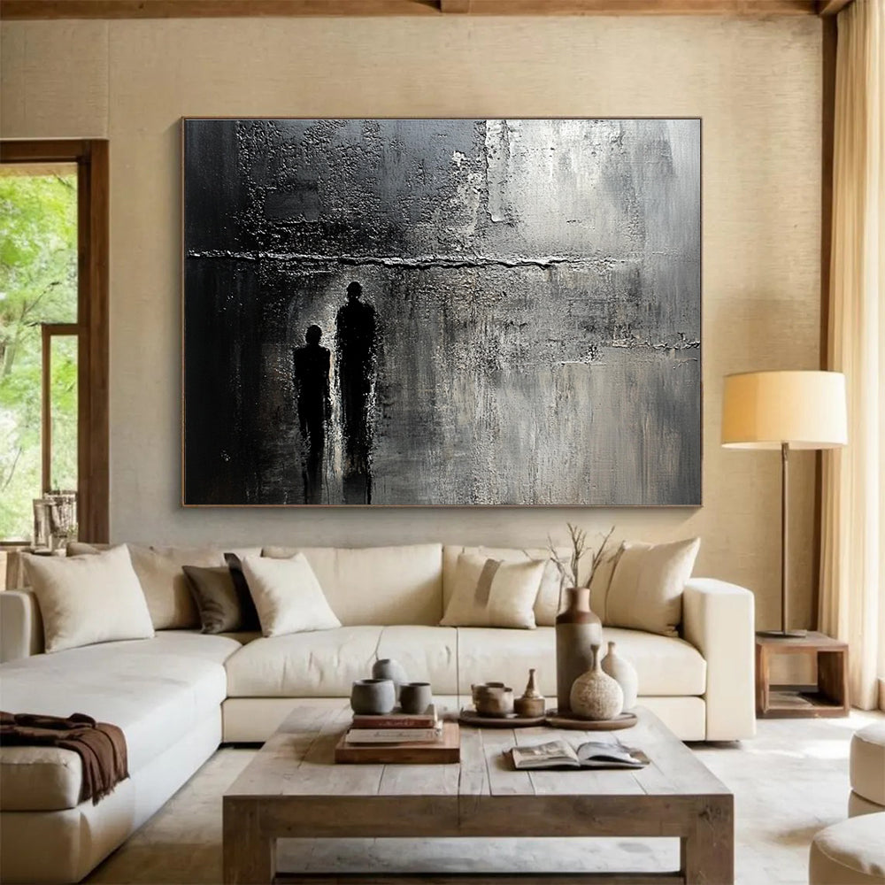 Abstract painting of an old textured wall with cracks and stains, featuring a faint silhouette, evoking mystery and deep emotion.SC446