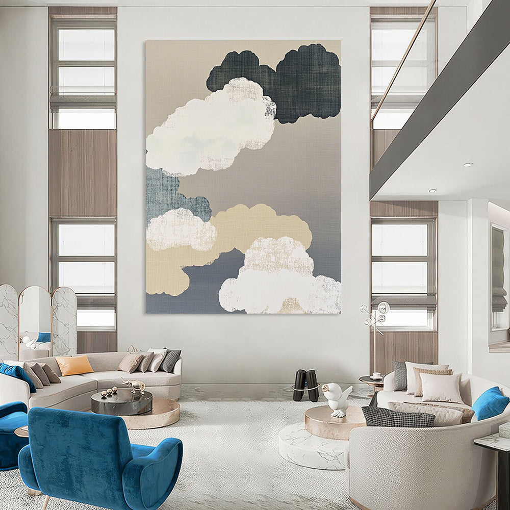 Large abstract painting featuring delicate brushwork with white clouds gray background and organic shapes in a minimalist beige color scheme.STSC1149
