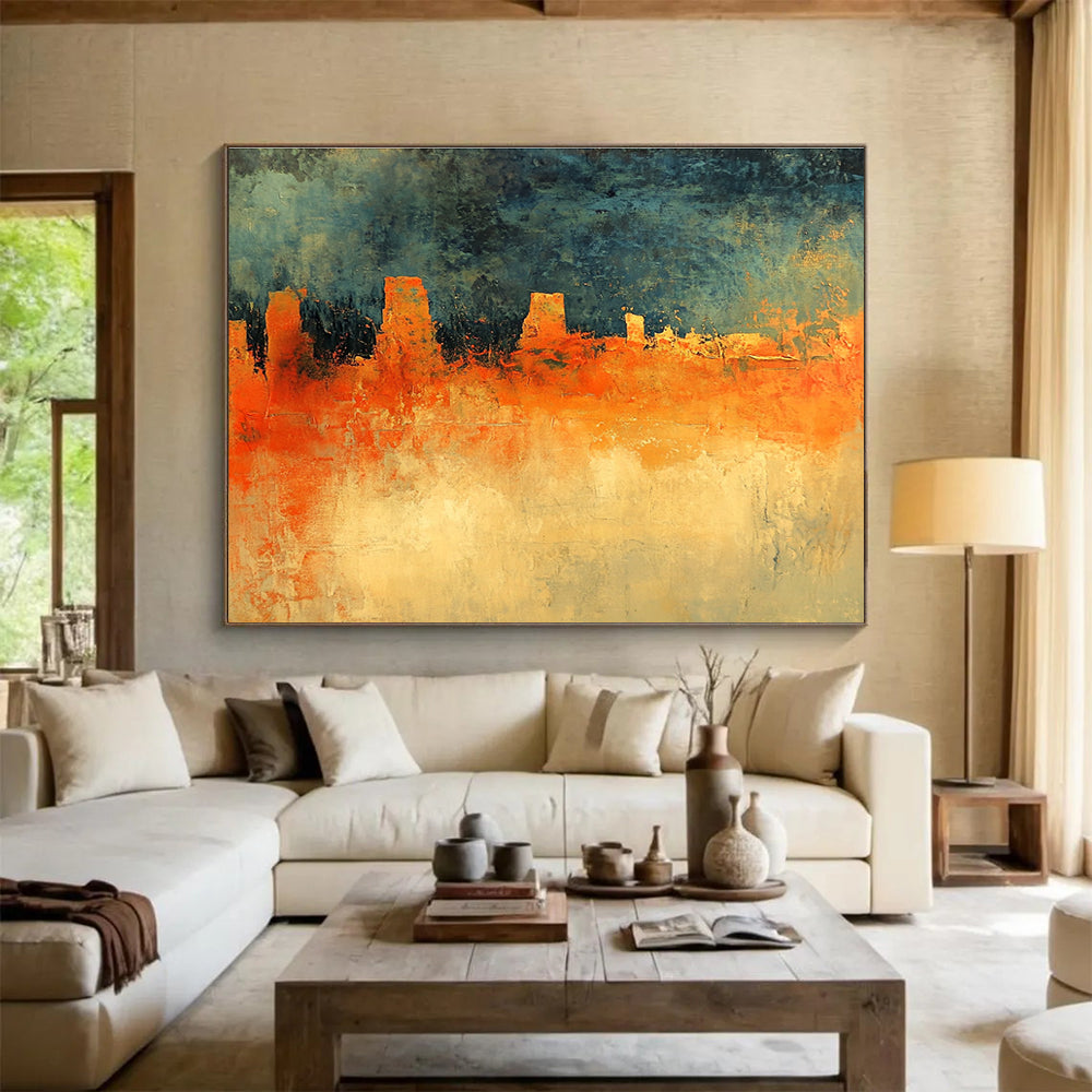 Abstract painting featuring an orange and green landscape under a dark blue sky with grey clouds inspired by Richard Schmid's style.SC165