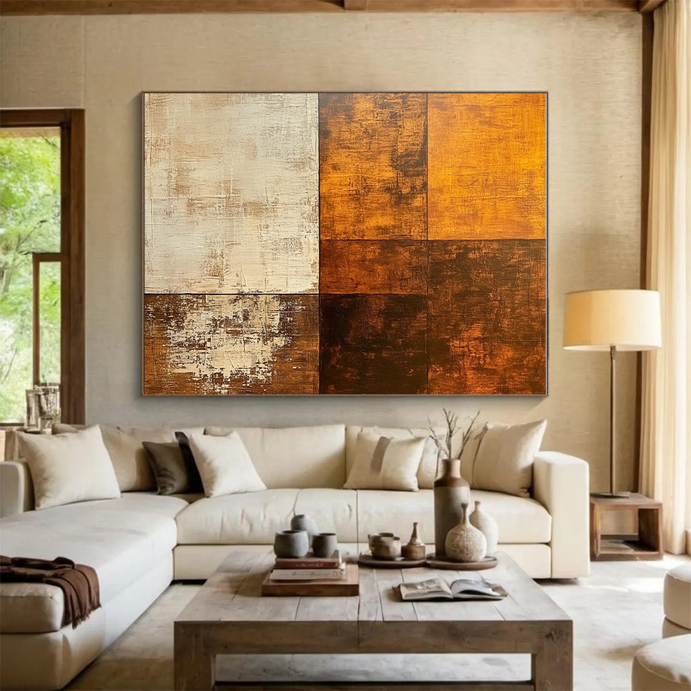 Brown and Beige Geometric Patchwork Abstract Painting GER210