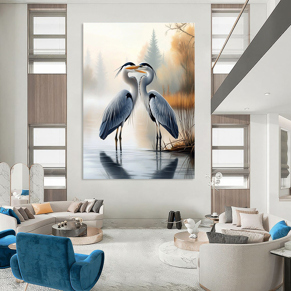 A large abstract painting featuring two herons on water's edge with a misty forest background showcasing realistic detail and serene beauty.STSC1451