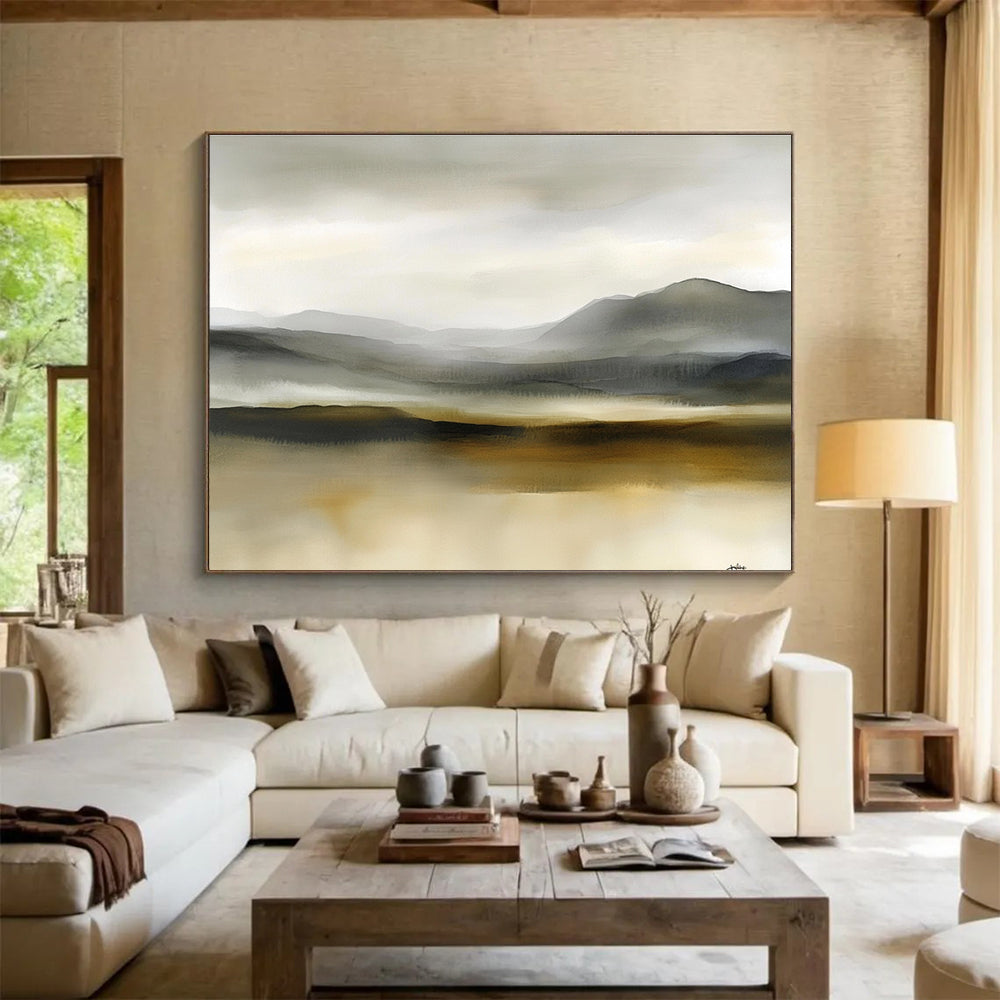 Large abstract watercolor painting of Scottish moors in soft gray and beige tones, creating a tranquil and misty atmosphere for any space.SC288