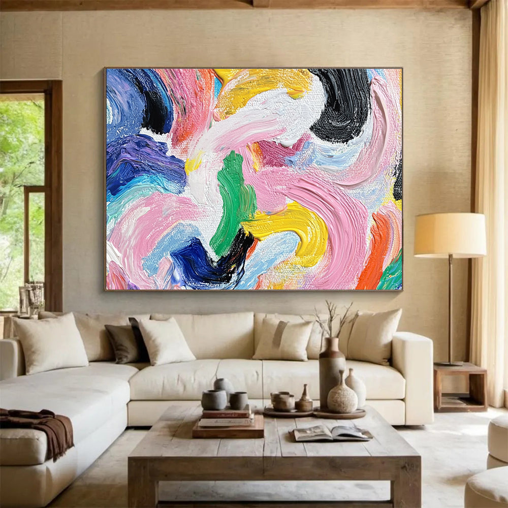A large abstract painting with vibrant swirls of color and bold shapes, featuring a graceful silhouette of a woman with a high ponytail.SC436