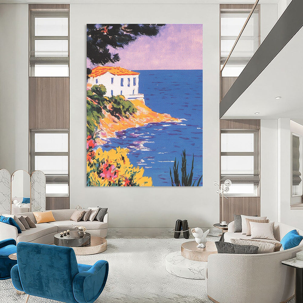A large abstract painting featuring a vintage postcard of the Mediterranean coast with pastel colors and a stunning purple-blue sky.STSC1228