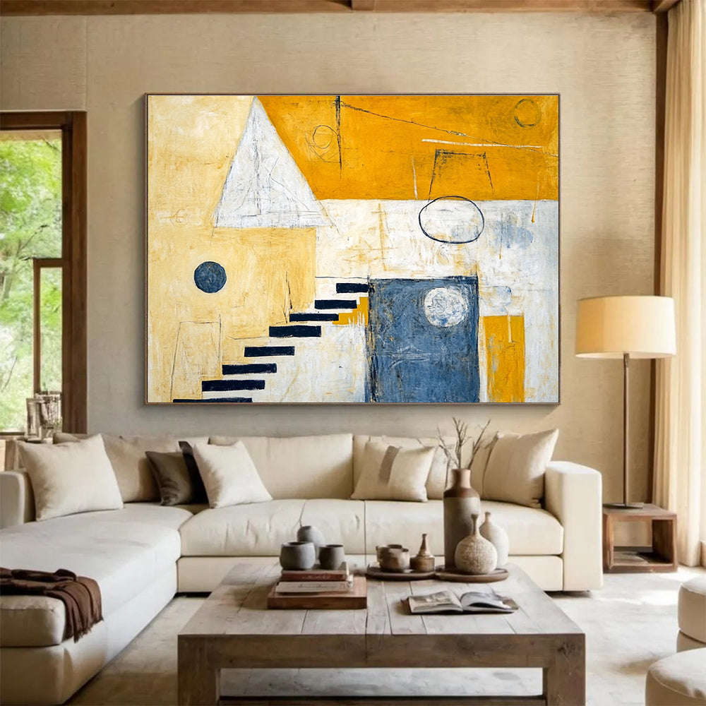 A large abstract painting featuring yellow and white hues, stairs leading to the sky, geometric shapes, and contrasting circles and squares.SC392