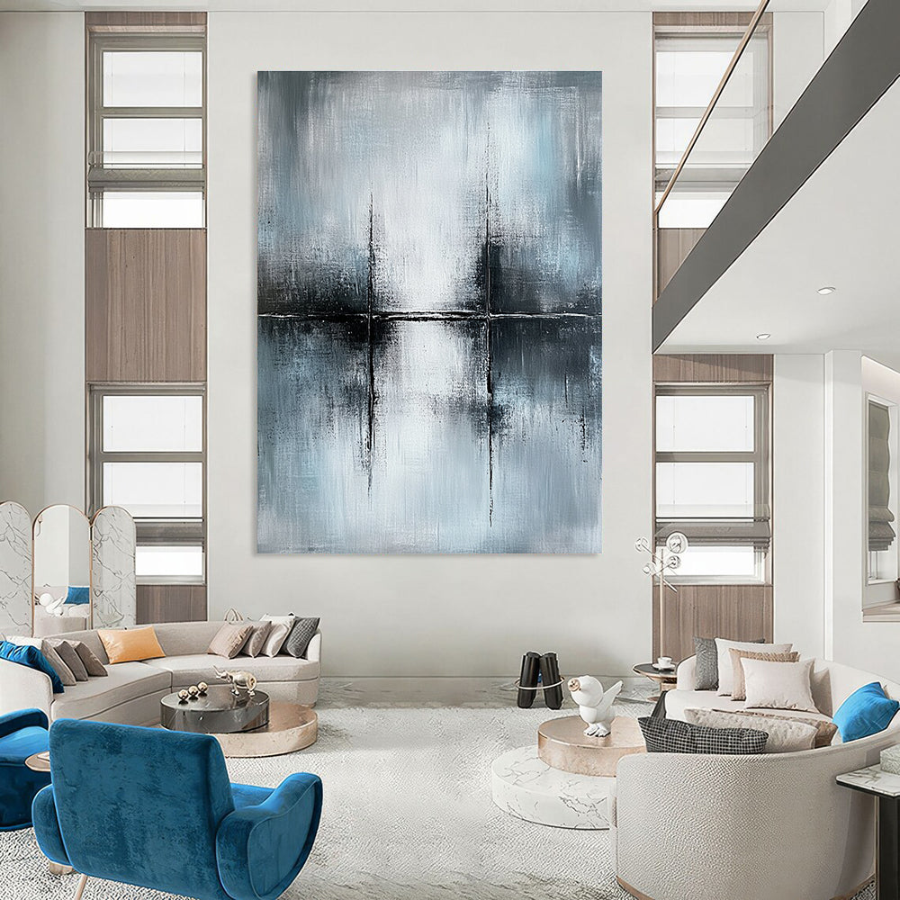 Large abstract painting in gray and white, featuring canvas texture and ultra-realistic oil paint details for a striking visual impact.STSC070