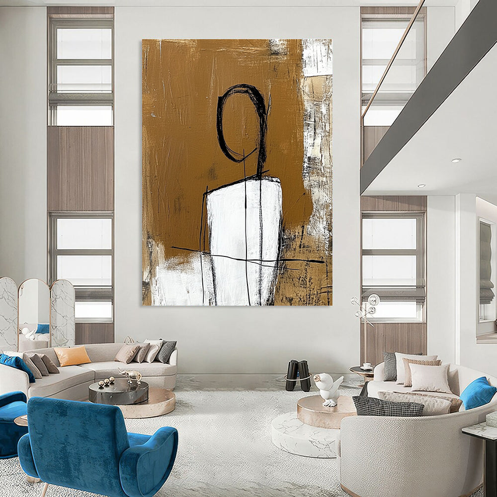 Large abstract painting with a white figure outlined in thick black lines set against an amber brown textured background.STSC050
