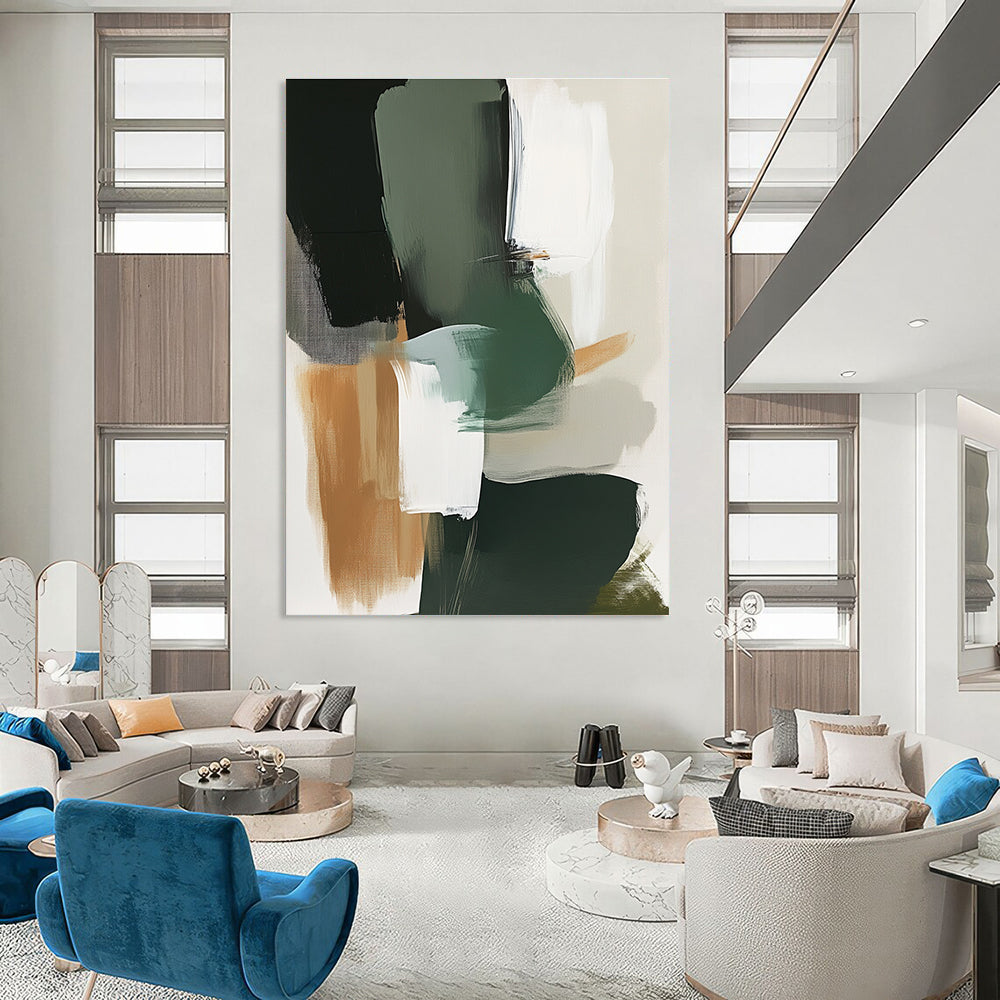 Large abstract painting featuring green grey and white tones with expressive brush strokes and organic shapes in a neutral color palette.STSC760