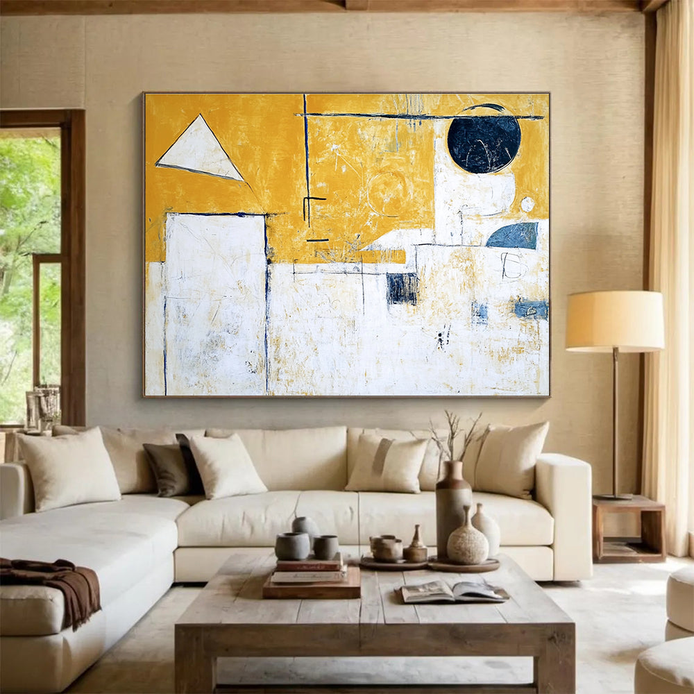 Geometric Abstract Painting with Yellow White and Blue Tones DYP550