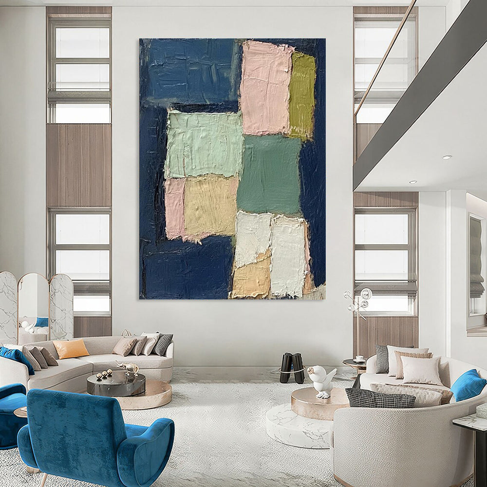 Blue Pink Green Beige Patchwork Abstract Painting ADGE013