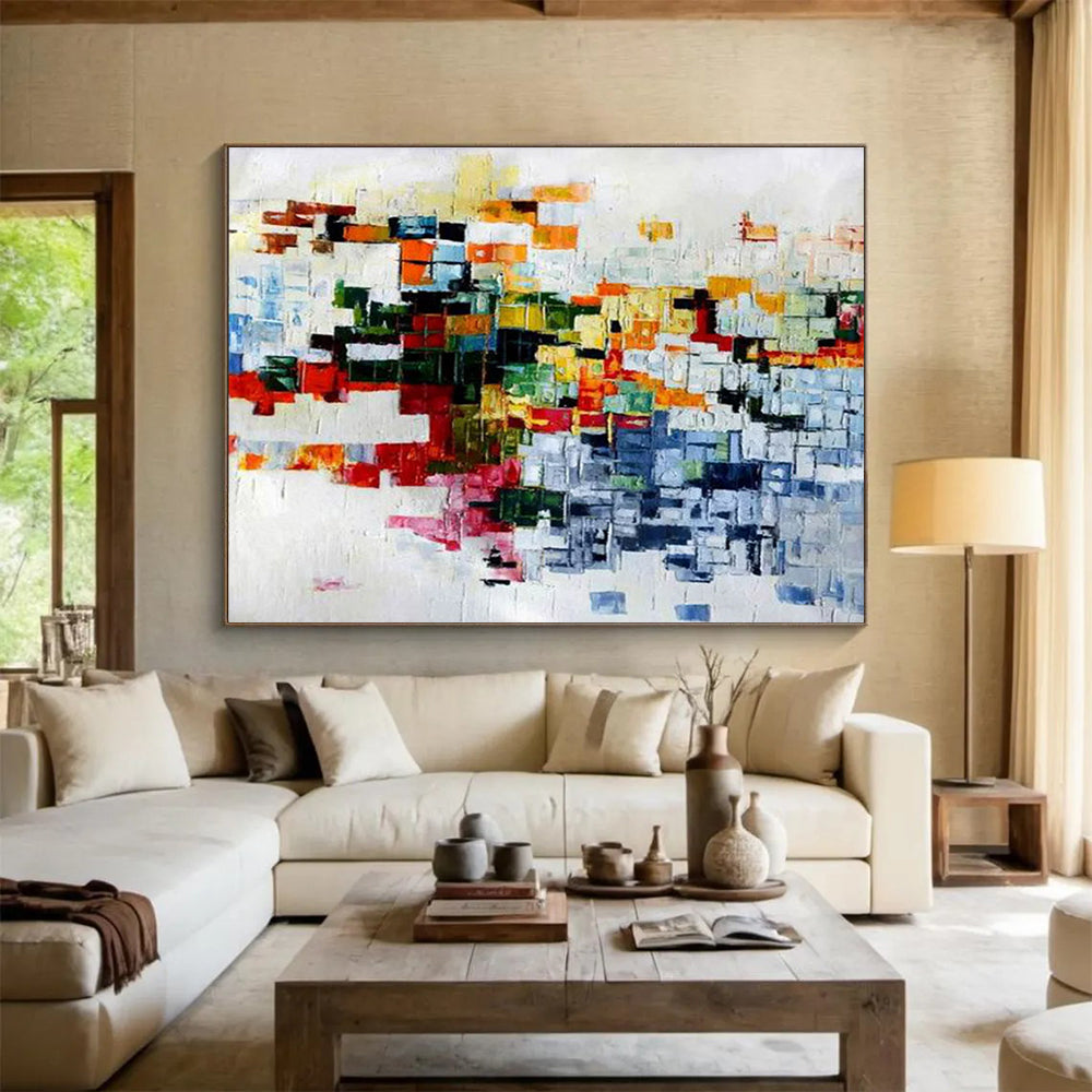 Colorful Pixel - Like Abstract Painting with Patchwork Shades THY286