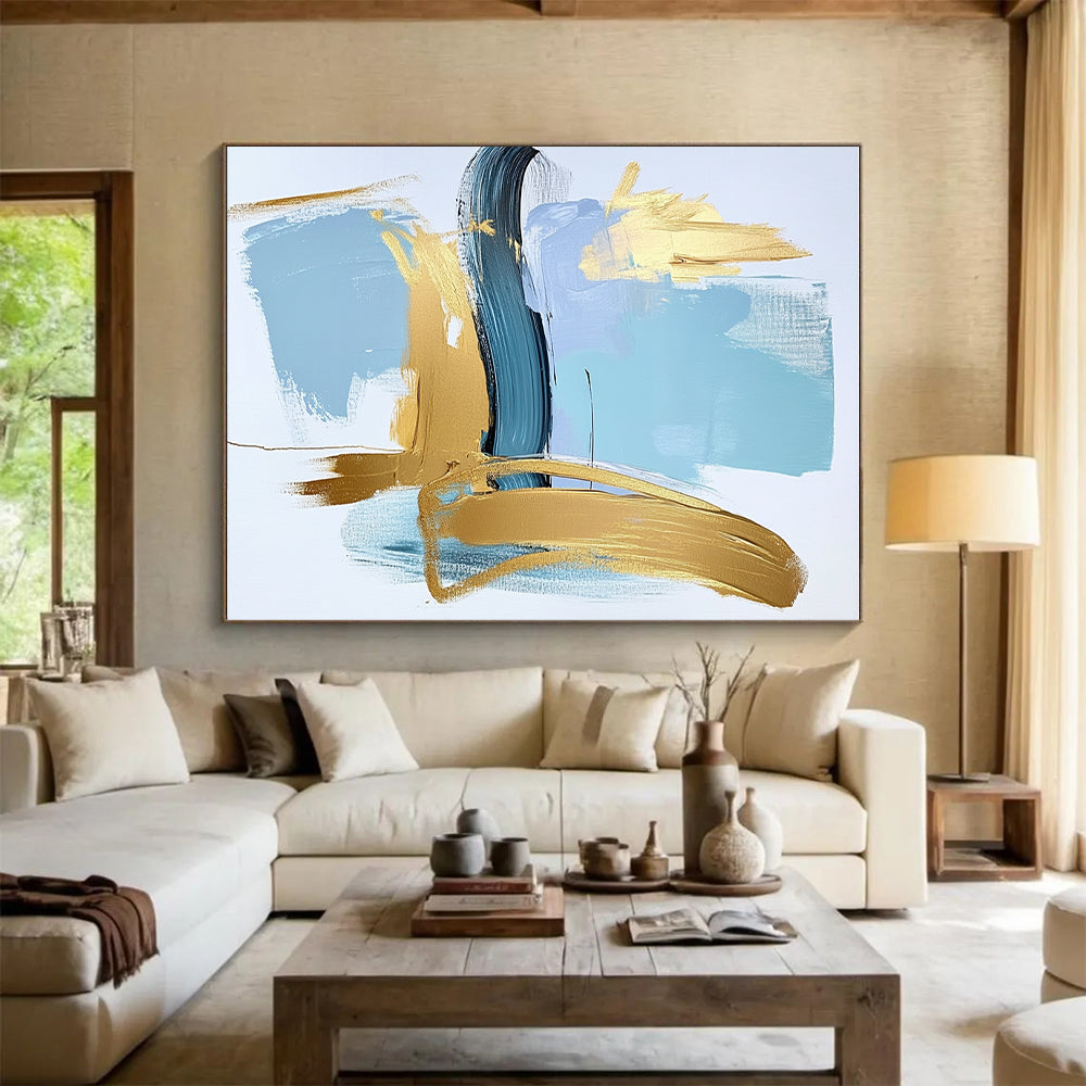 Blue and Gold Minimalist Abstract Painting with Bold Strokes GER582