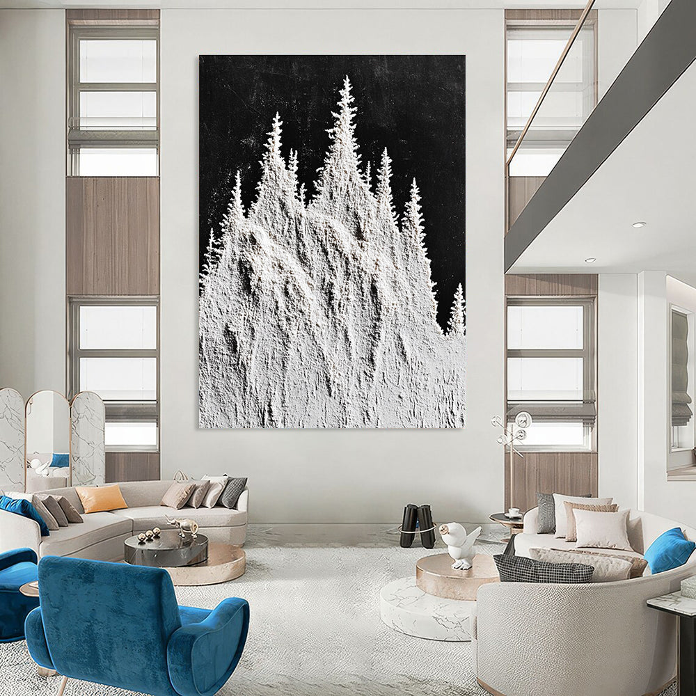 Large abstract painting featuring snow-capped mountain peaks and trees in white powder on a textured black background.STSC1488