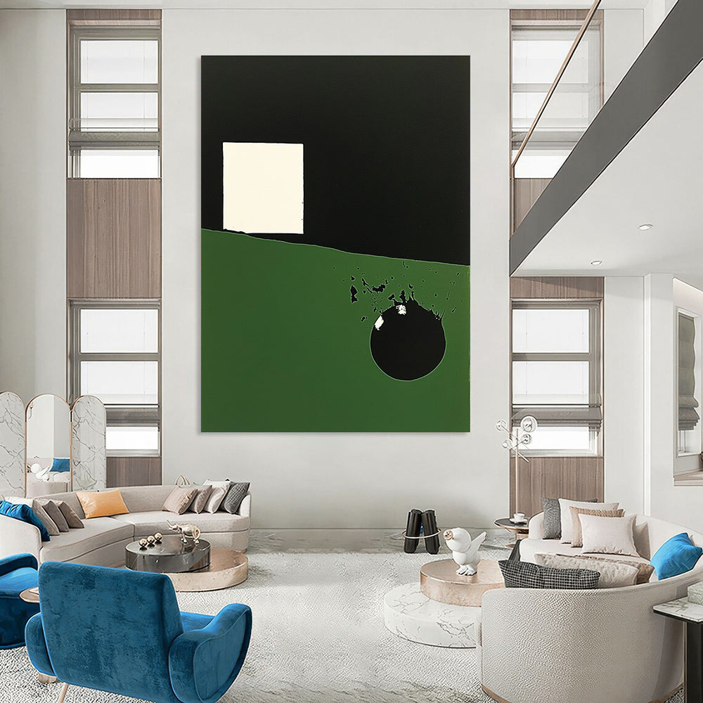 Large abstract painting featuring dark green and black shapes a white irregular square and a prominent circle with black overlay.STSC130