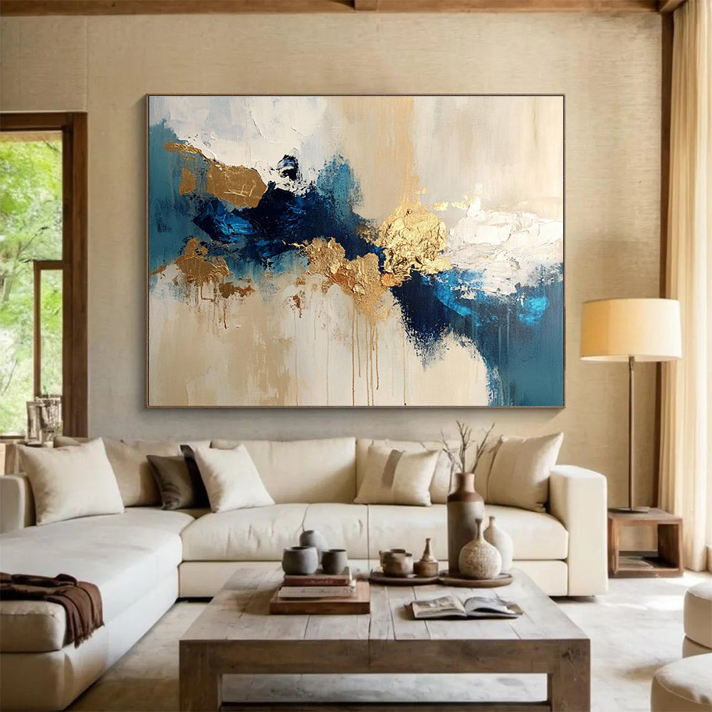 Blue Gold and Beige Abstract Painting with Dynamic Compositions DYP185