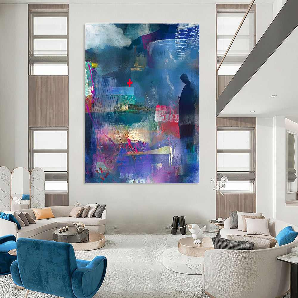 Large abstract collage with watercolor splashes and textured paper featuring a shadowy figure a red cross and vibrant ribbons in rich colors.STSC574