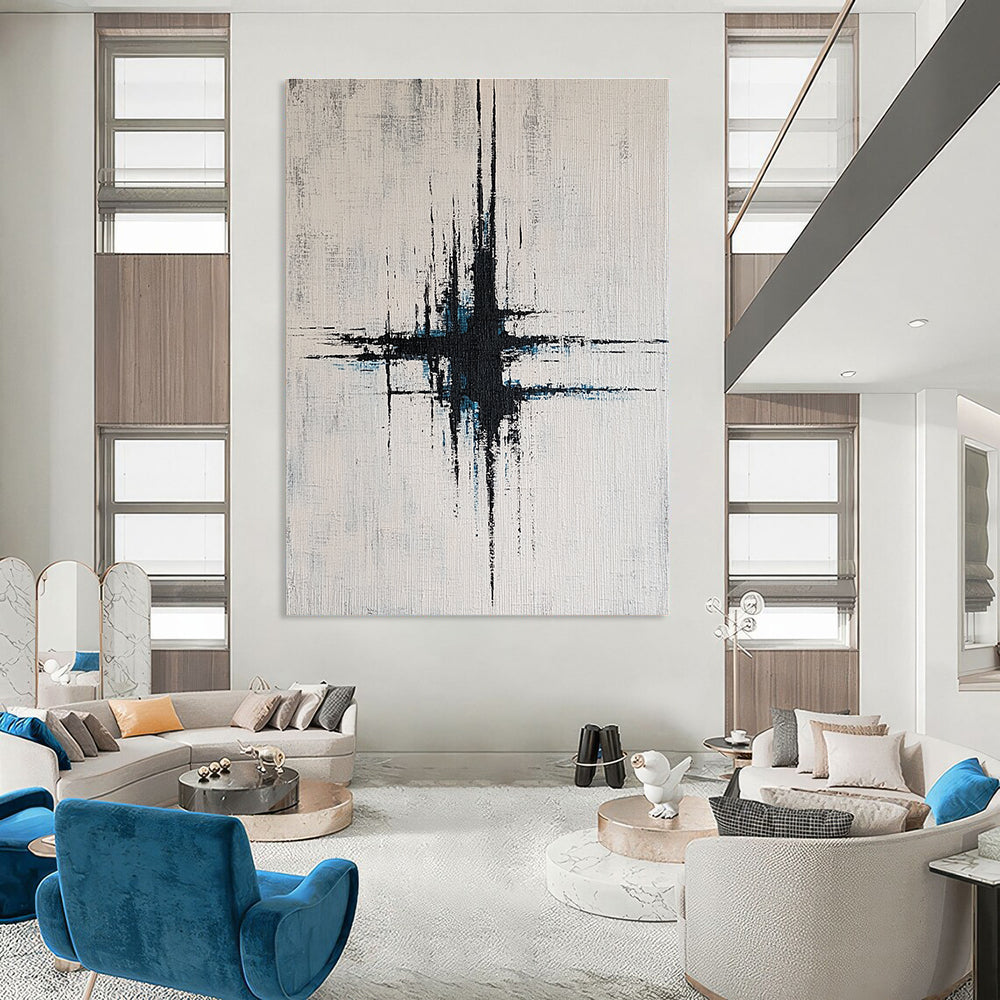 Large abstract painting with vibrant blue and gray lines on a white background featuring vertical brushstrokes and dynamic light effects.STSC439