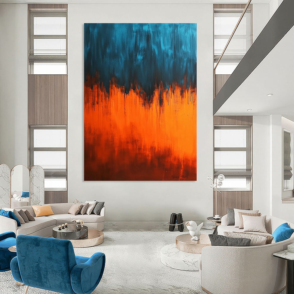 Large abstract painting featuring an orange and blue gradient background with strong light and dark contrasts creating a mysterious ethereal atmosphere.STSC385