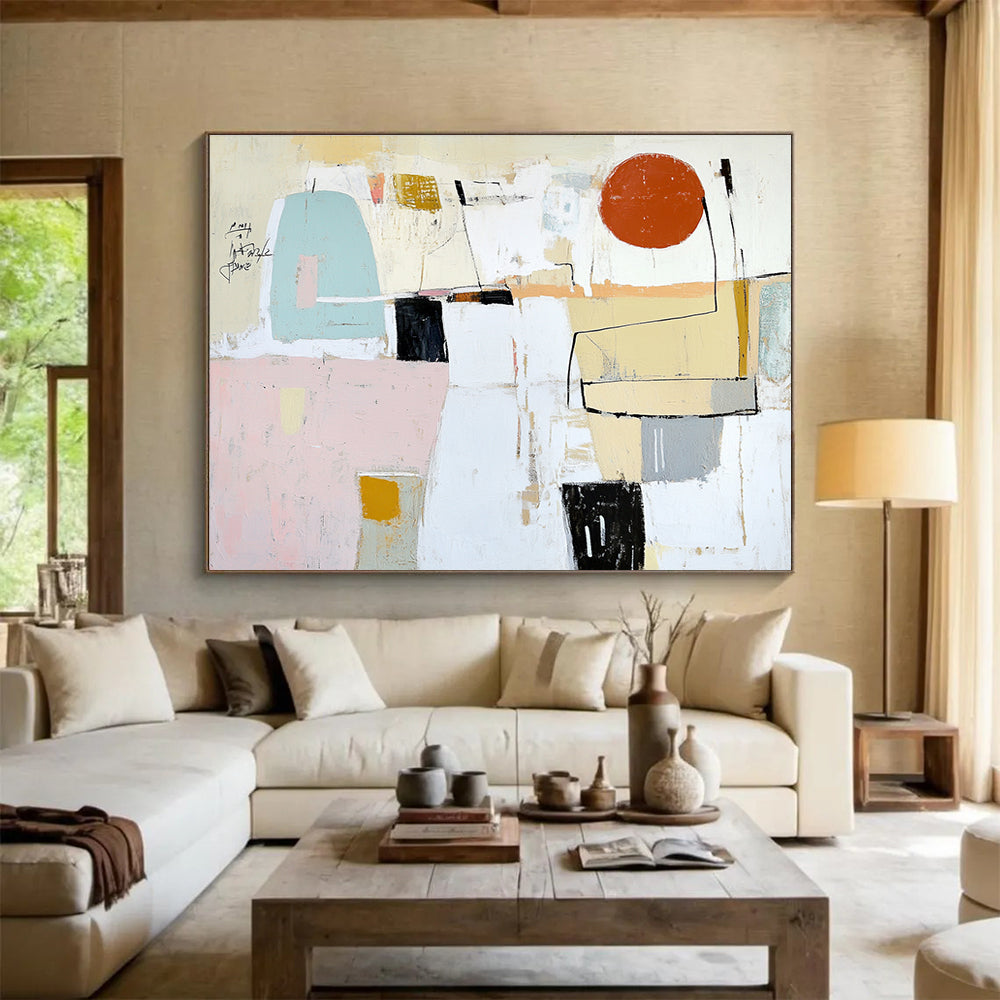 Large abstract painting featuring soft pastel colors, textures, and geometric forms with a prominent red circle and scribbled black text.SC041