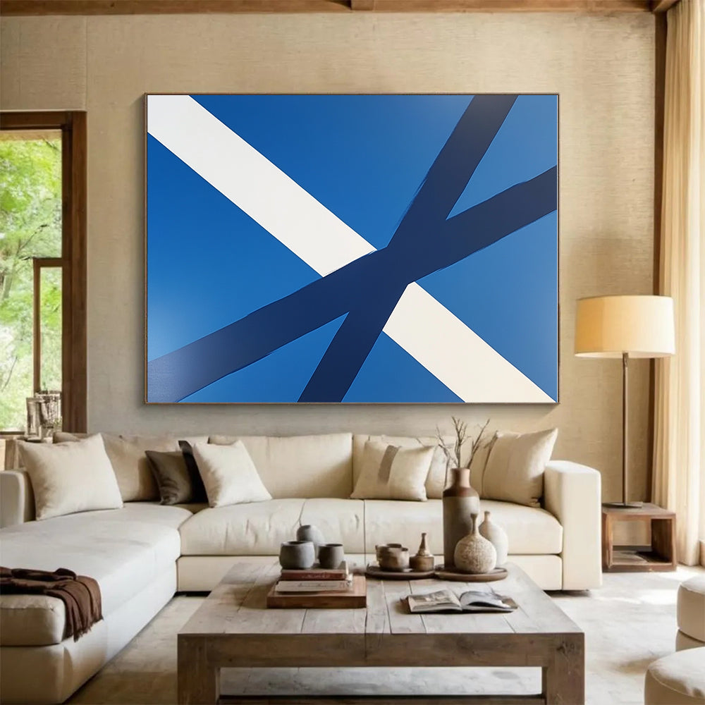 Blue and White Crossed Ribbons Abstract Painting with Clean Lines GER023