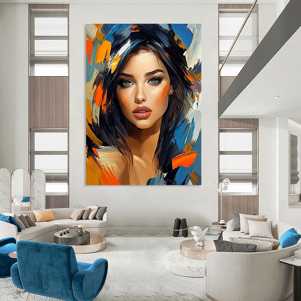Vibrant abstract painting featuring a stunning woman's portrait with bold colors and sharp focus capturing her beauty and elegance.STSC1270