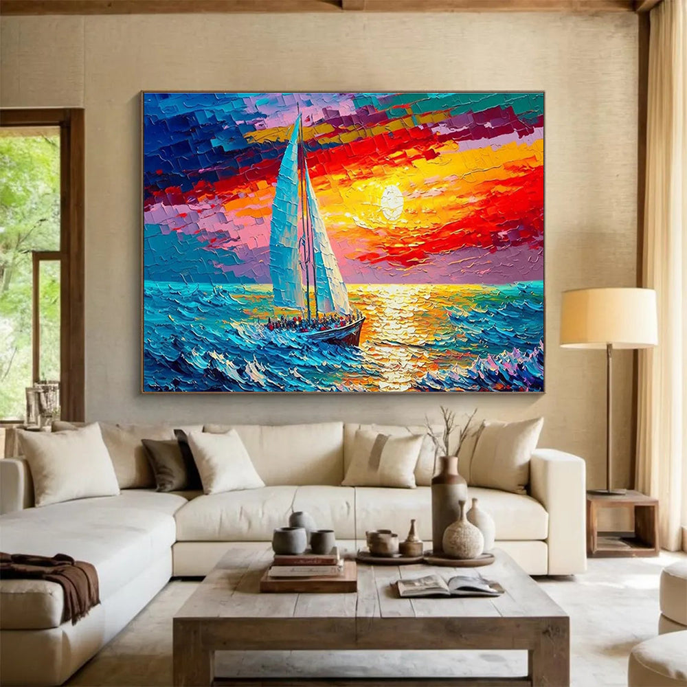 Sunset Sail Abstract Painting with Vivid Sunset Hues THY312