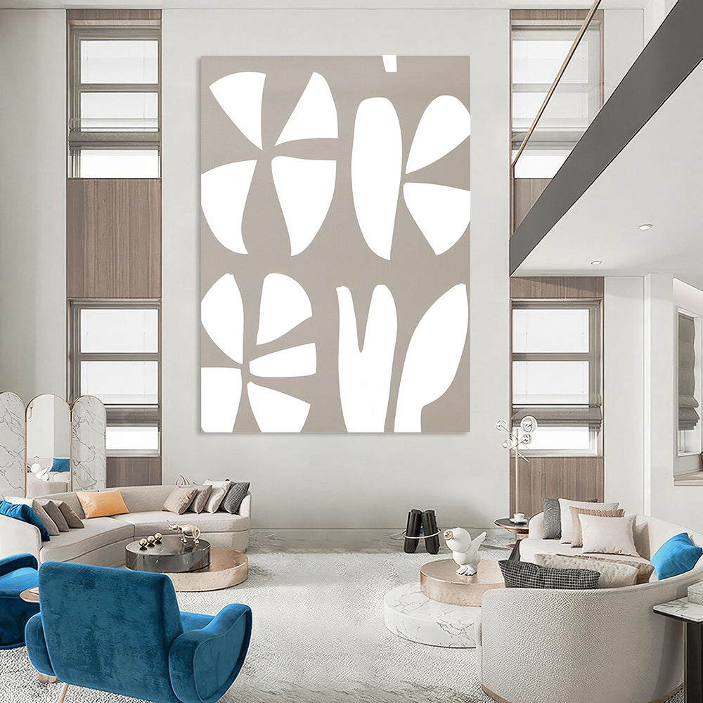 Large abstract painting featuring a white and gray pattern of the number three and two large flowers on a light brown background.STSC1240