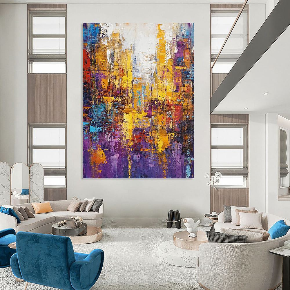 Large abstract oil painting featuring a cityscape in gold and purple tones with colorful patterns and textured brush strokes.STSC160