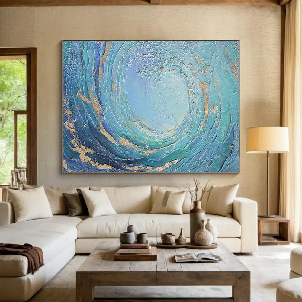 Circular Ocean Wave Abstract Painting with Blue and Golden Accents THY256