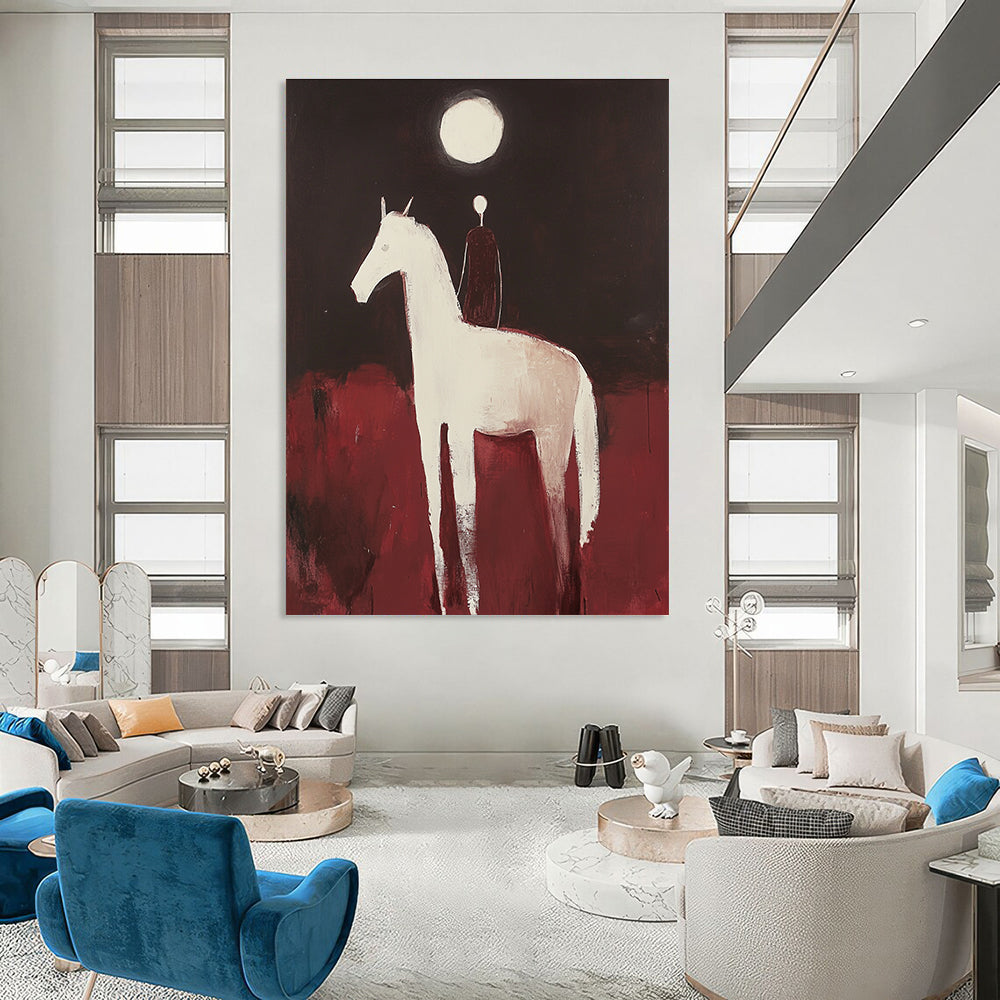 Large abstract painting of an Arabian horse and rider with minimalist forms against a dark red background illuminated by a full moon.STSC572
