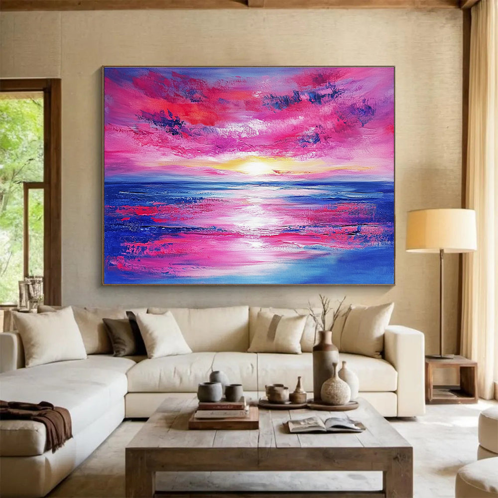 Pink Sky and Sea Abstract Painting with Vivid Sunset Colors DYP128