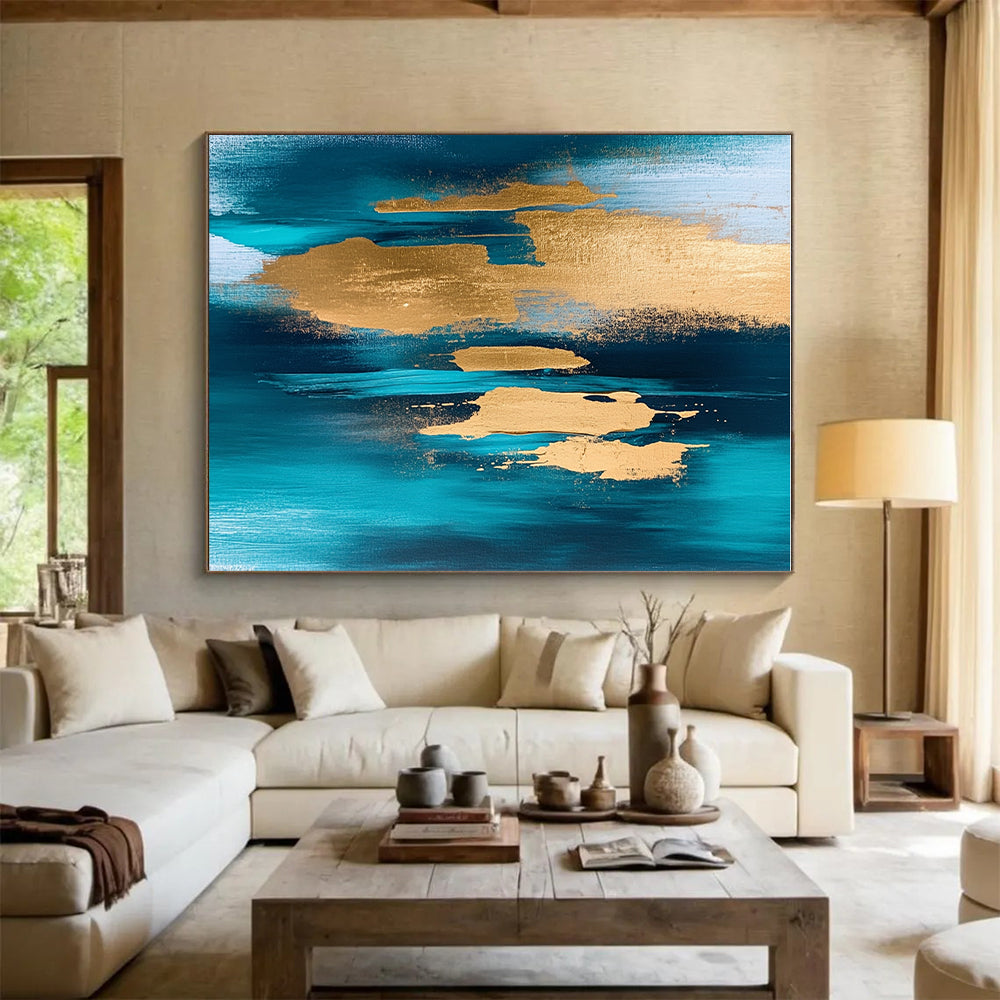Teal and Gold Abstract Painting with Dynamic Forms GER381