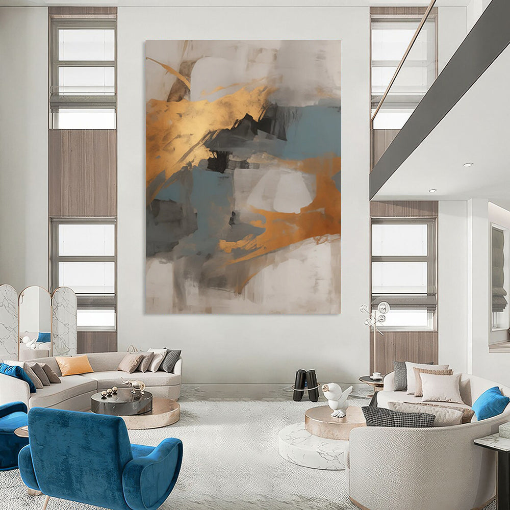 Gold, Blue, and Gray Abstract Painting with Dynamic Shapes ADGE136