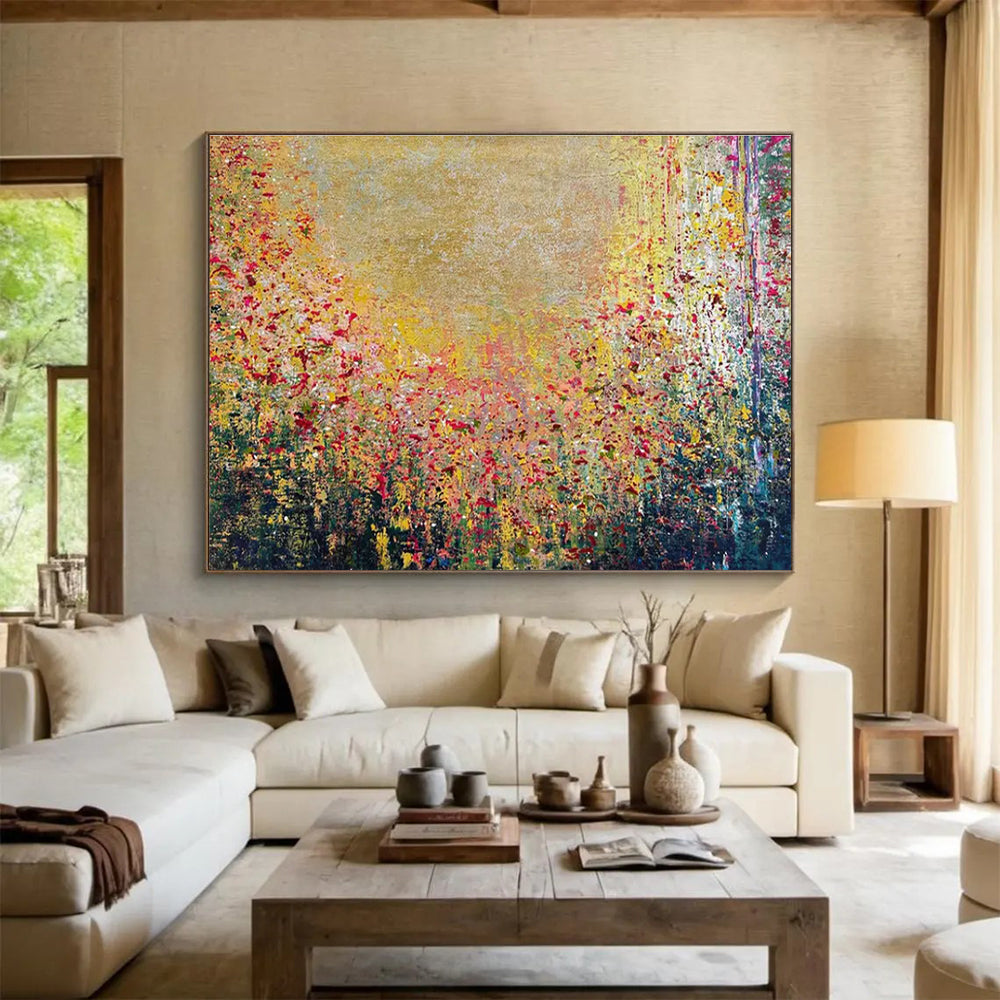 Golden Field Abstract Painting with Vibrant Floral Hues THY325