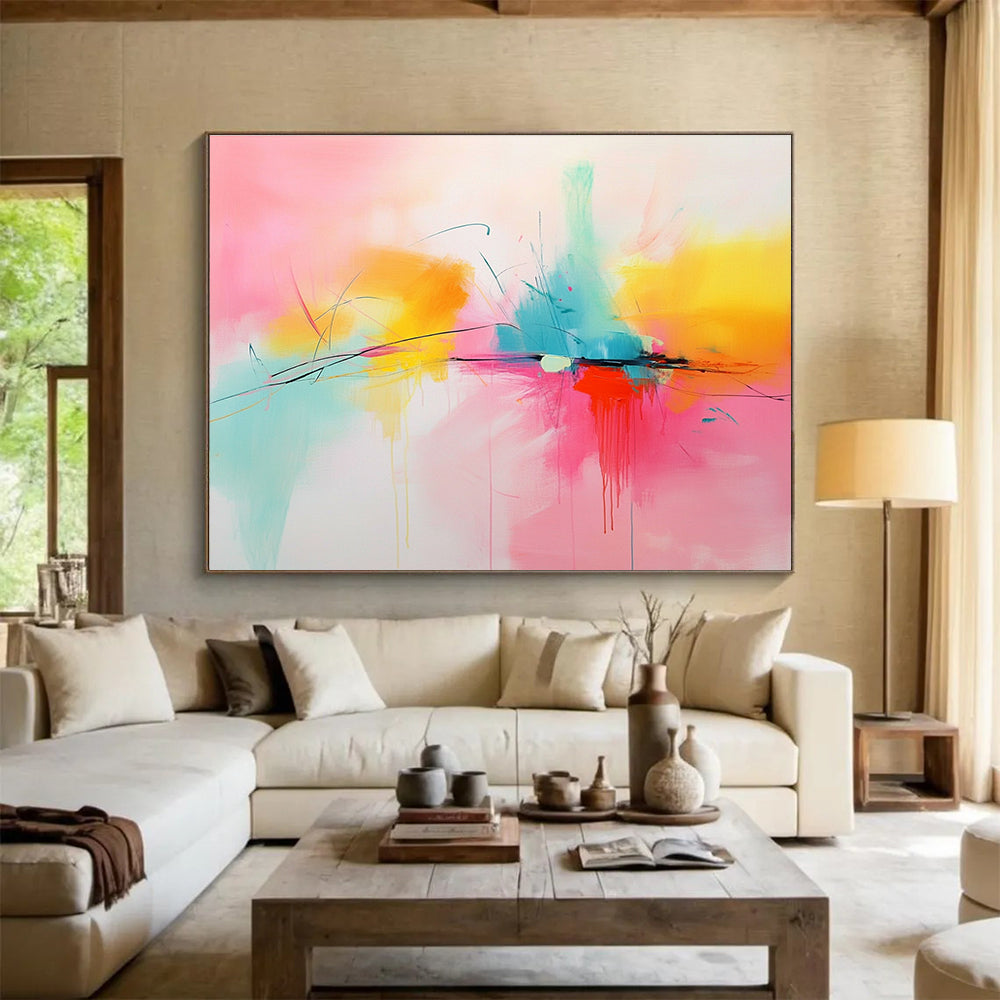 Large abstract painting in pink, yellow, and turquoise featuring dynamic lines and shapes for a vibrant artistic touch.SC144