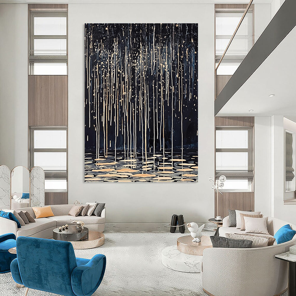 Abstract painting of dark rain with white and beige lines drips on water ripples using oil on canvas showcasing delicate textures and high-definition details.STSC1124